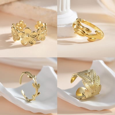 Simple Fashion Stainless Steel Plant Flower Leaves Gold Color Ring Bohemian for Woman Party Wedding Jewelry Gift
