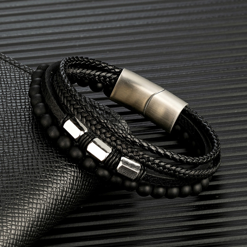 MKENDN Punk Meeste Tiigrisilmad Looduslikust Kivist Helmed Mitmekihilised Nahast Käevõru Geomeetria Roostevabast Terasest Magnetklambriga Randmeehted