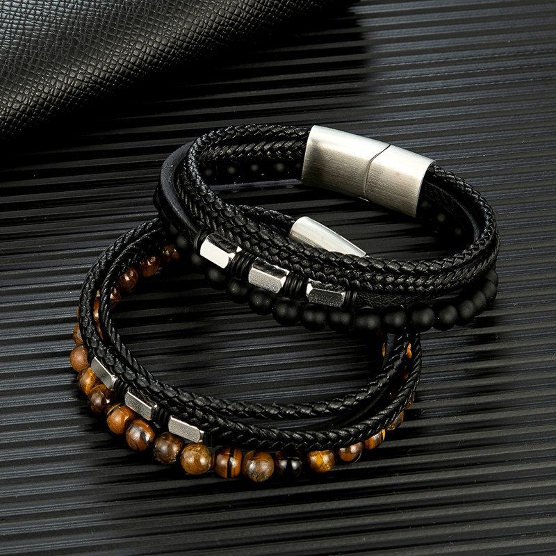 MKENDN Punk Meeste Tiigrisilmad Looduslikust Kivist Helmed Mitmekihilised Nahast Käevõru Geomeetria Roostevabast Terasest Magnetklambriga Randmeehted