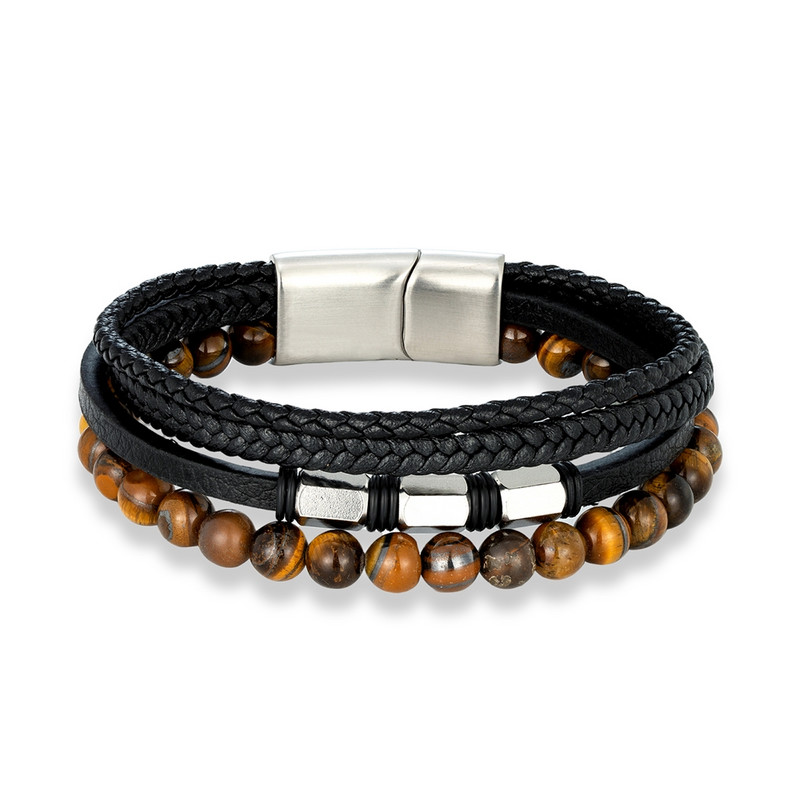 MKENDN Punk Meeste Tiigrisilmad Looduslikust Kivist Helmed Mitmekihilised Nahast Käevõru Geomeetria Roostevabast Terasest Magnetklambriga Randmeehted