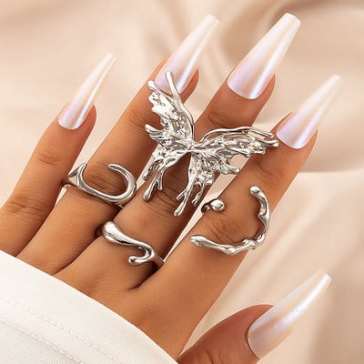 Punk hõbedase värvi vedelate liblikasõrmuste komplekt naistele mood Ebaregulaarse lainega metallist sõrmerõngad Esteetilised Egirl gooti ehted