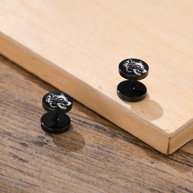 Tänavahip-hop rock Wolf Tree of Life Stud kõrvarõngad meestele, roostevabast terasest kruviga hantlikõrvarõngad