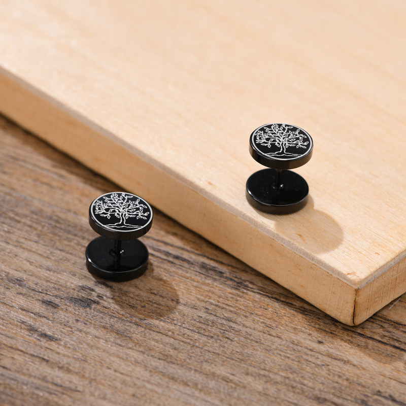 Tänavahip-hop rock Wolf Tree of Life Stud kõrvarõngad meestele, roostevabast terasest kruviga hantlikõrvarõngad