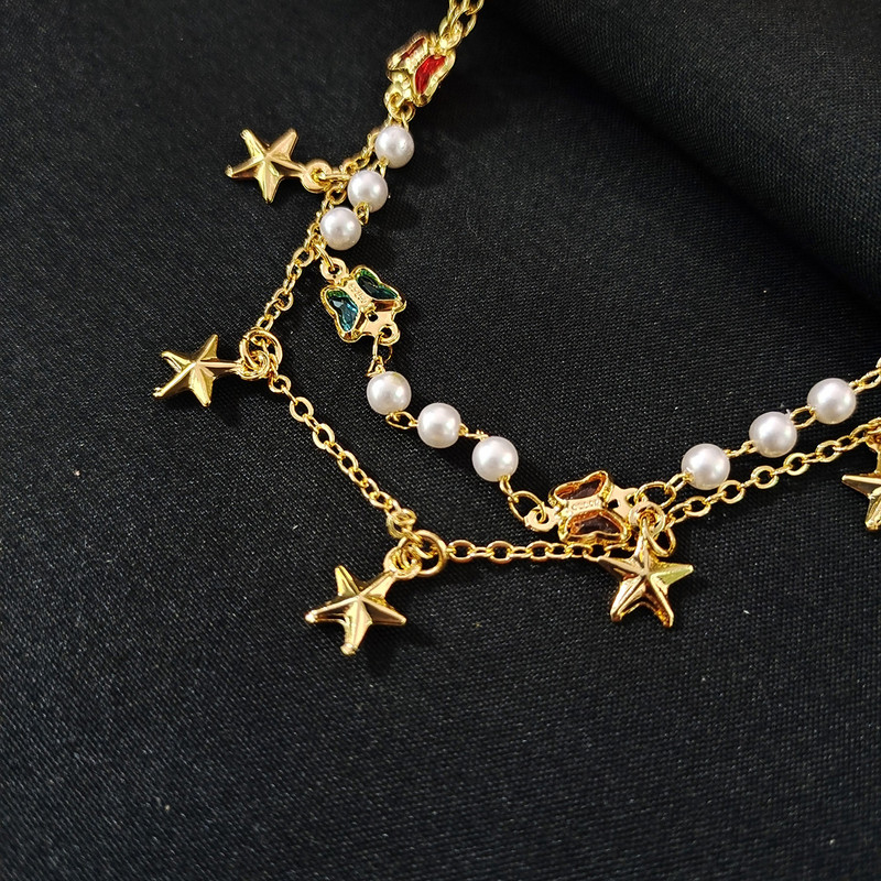 Jauna pēdu modes divslāņu pentagrammas pērļu kalnu strēles tendence divslāņu rokassprādze sieviešu rokassprādze pludmalē basām kājām