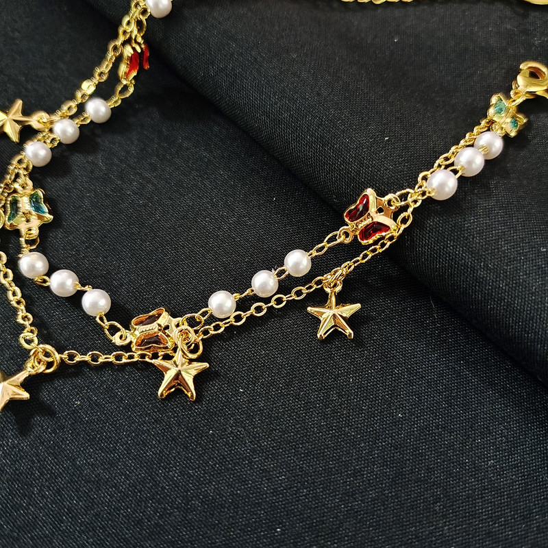 Jauna pēdu modes divslāņu pentagrammas pērļu kalnu strēles tendence divslāņu rokassprādze sieviešu rokassprādze pludmalē basām kājām