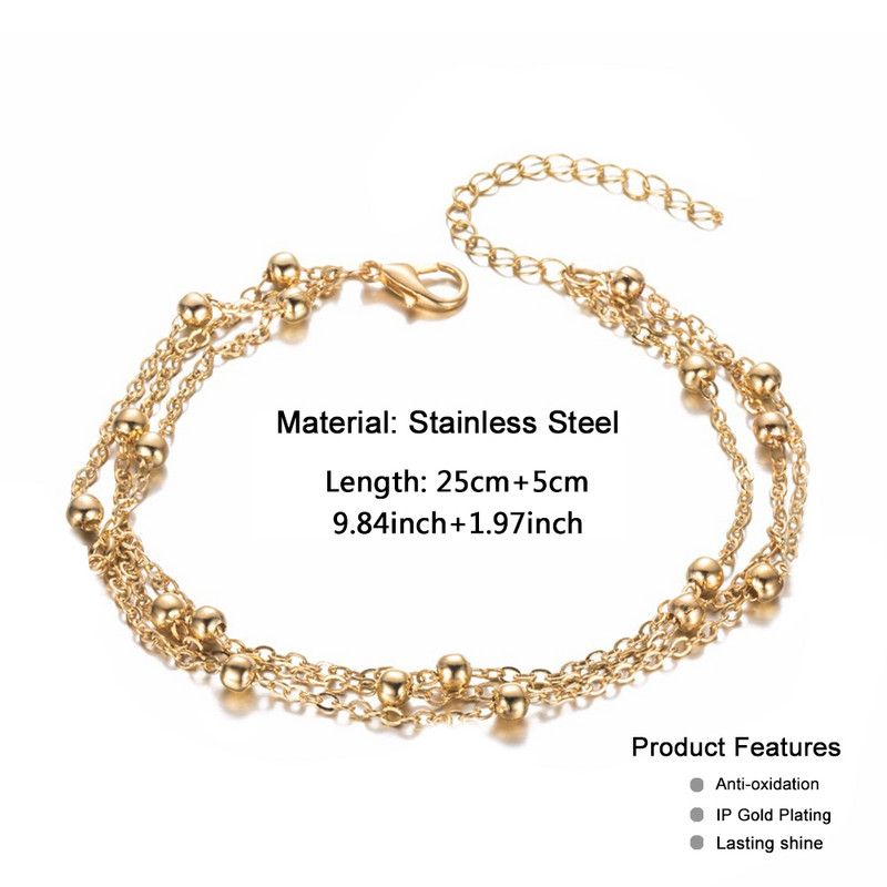 MinaMaMa nerūsējošā tērauda krelles ķēdes ķēdes pēdas potīte sievietēm meitenēm trīs slāņu pēdu ķēde vasaras rotaslietas