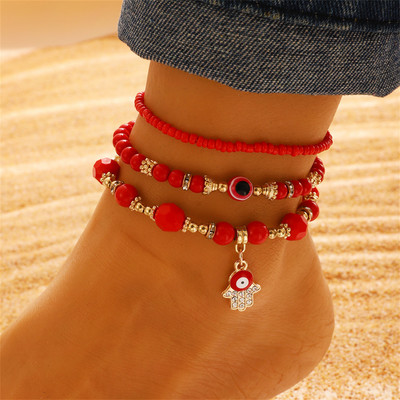 Bohemia Fatima Hamsa Hand Evil Eye Ankles for Women Multilayer Resin Crystal Beads Blue Evil Eye Leg Chain Summer Beach Jewelry