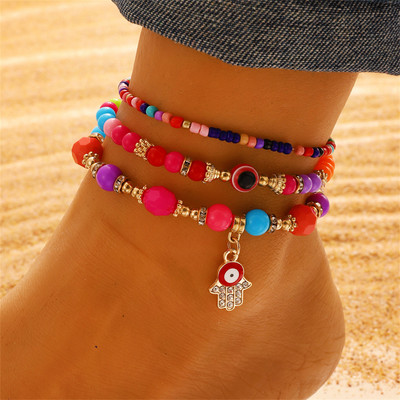 Bohemia Fatima Hamsa Hand Evil Eye kulkšnys moterims Daugiasluoksniai dervos krištoliniai karoliukai Mėlynos Evil Eye Kojų grandinėlės Vasaros paplūdimio papuošalai