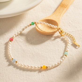 Оцветен от неръждаема стомана естествен камък, стъклена перлена нишка за глезена за жени Златен цвят Изявление Летни пясъчни плажни бижута