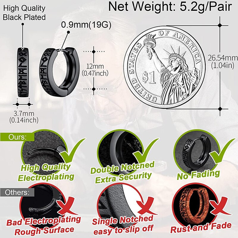 Roostevabast terasest Norra Viking Rune Hoop Kõrvarõngad Meestele Naiste Unisex 12 Mm Huggie Hoop Religioossed Kõrvarõngad Ehted