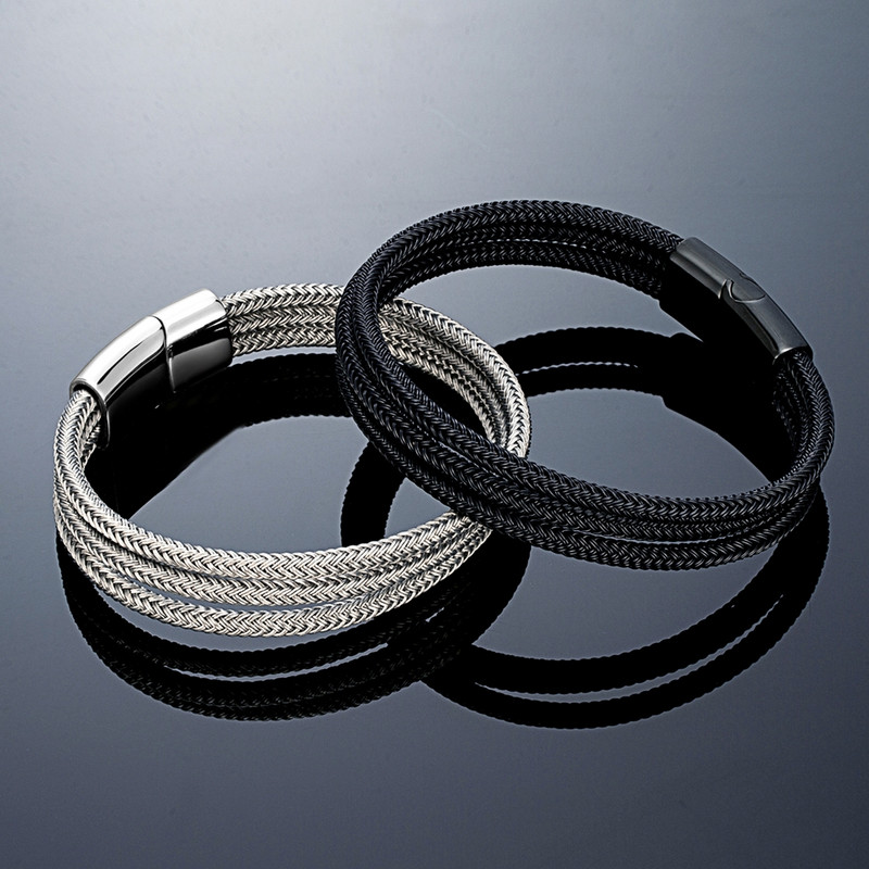 MKENDN Locomotive Vīriešu pankroka tērauda stiepļu rokassprādze melna sudraba krāsa nerūsējošā tērauda magnēta poga vīriešu rotaslietas dāvanas