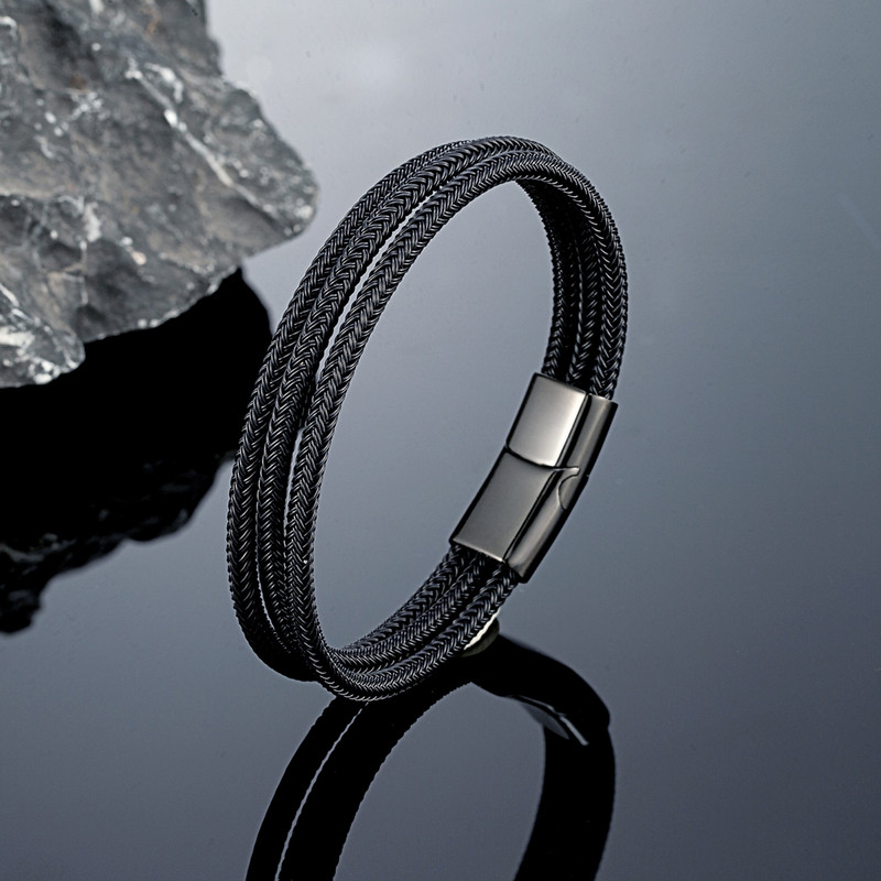 MKENDN Locomotive Vīriešu pankroka tērauda stiepļu rokassprādze melna sudraba krāsa nerūsējošā tērauda magnēta poga vīriešu rotaslietas dāvanas