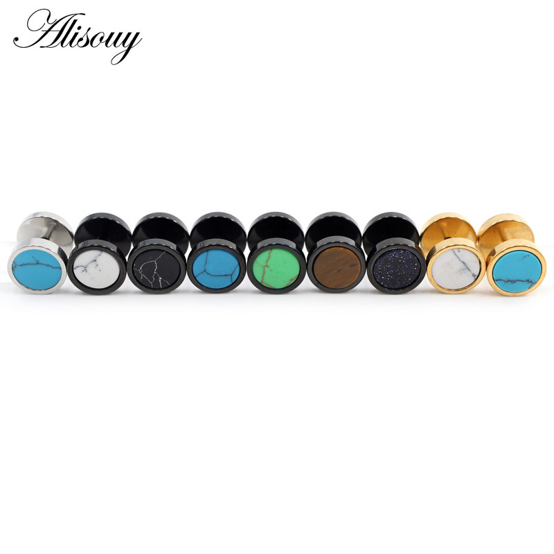 Alisouy 2gab nerūsējošā tērauda divpusējas apaļas akmens hanteles vīriešiem sievietēm ar skrūvējamu stieņu pīrsingu auskari viltus ausu aizbāžņi