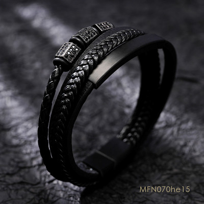 Μόδα βραχιόλι με χάντρες από ανοξείδωτο ατσάλι Ανδρικά κοσμήματα Κλασικό πολυστρωματικό δερμάτινο βραχιόλι με πλέξη Homme Πρωτοχρονιάτικο δώρο για άνδρες