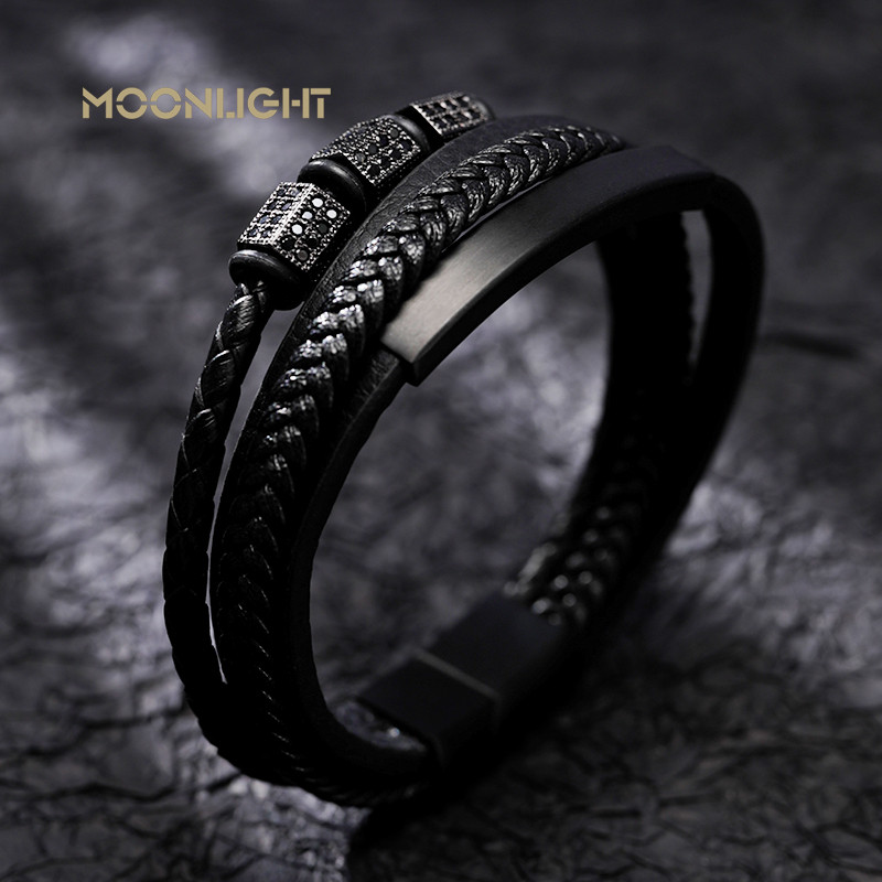 Μόδα βραχιόλι με χάντρες από ανοξείδωτο ατσάλι Ανδρικά κοσμήματα Κλασικό πολυστρωματικό δερμάτινο βραχιόλι με πλέξη Homme Πρωτοχρονιάτικο δώρο για άνδρες