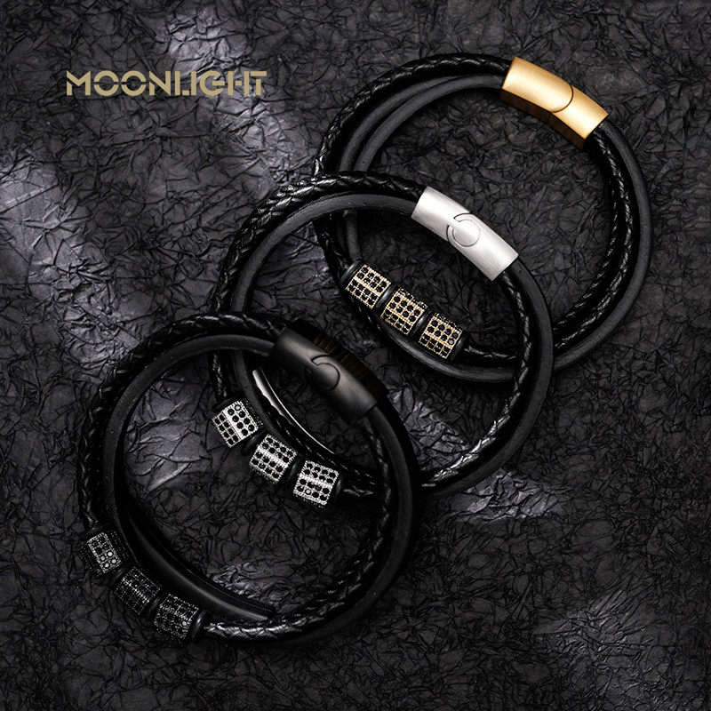 Μόδα βραχιόλι με χάντρες από ανοξείδωτο ατσάλι Ανδρικά κοσμήματα Κλασικό πολυστρωματικό δερμάτινο βραχιόλι με πλέξη Homme Πρωτοχρονιάτικο δώρο για άνδρες