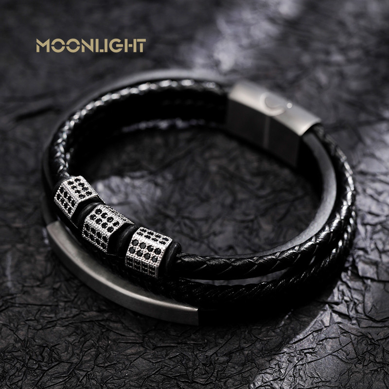 Μόδα βραχιόλι με χάντρες από ανοξείδωτο ατσάλι Ανδρικά κοσμήματα Κλασικό πολυστρωματικό δερμάτινο βραχιόλι με πλέξη Homme Πρωτοχρονιάτικο δώρο για άνδρες
