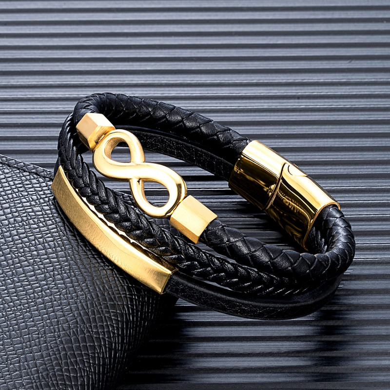 MKENDN klasikinės vyriškos begalybės apyrankės daugiasluoksnės pintos odinės apyrankės juodos nerūdijančio plieno amžinai ir visada juvelyrinės dovanos