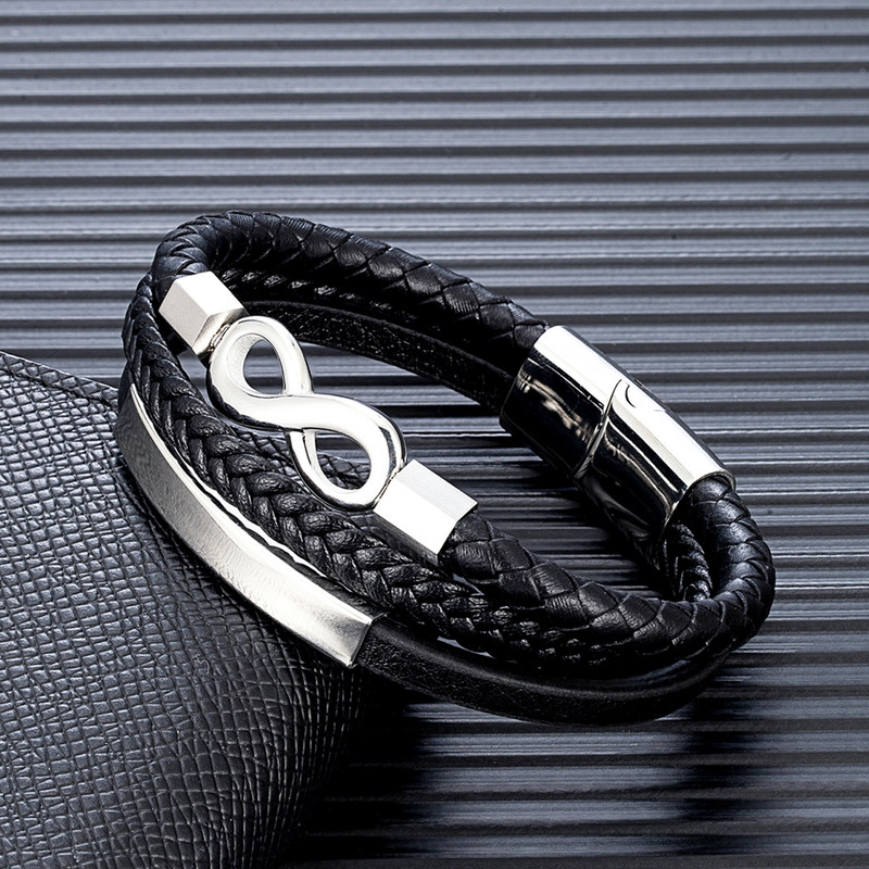 MKENDN klasikinės vyriškos begalybės apyrankės daugiasluoksnės pintos odinės apyrankės juodos nerūdijančio plieno amžinai ir visada juvelyrinės dovanos