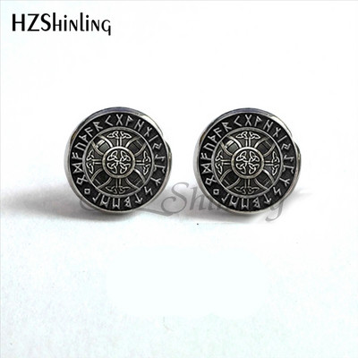 NES-004 Norse Viking Ear Stud Cross Rune Circle Auskarai Kompasas Smeigtukai Auskarai Papuošalai Stikliniai kabošono auskarai Post HZ4