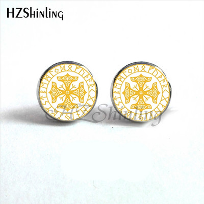 NES-004 Norse Viking Ear Stud Cross Rune Circle Auskarai Kompasas Smeigtukai Auskarai Papuošalai Stikliniai kabošono auskarai Post HZ4