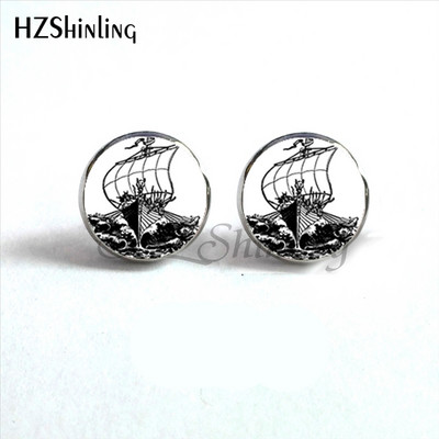 NES-004 Norse Viking Ear Stud Cross Rune Circle Auskarai Kompasas Smeigtukai Auskarai Papuošalai Stikliniai kabošono auskarai Post HZ4