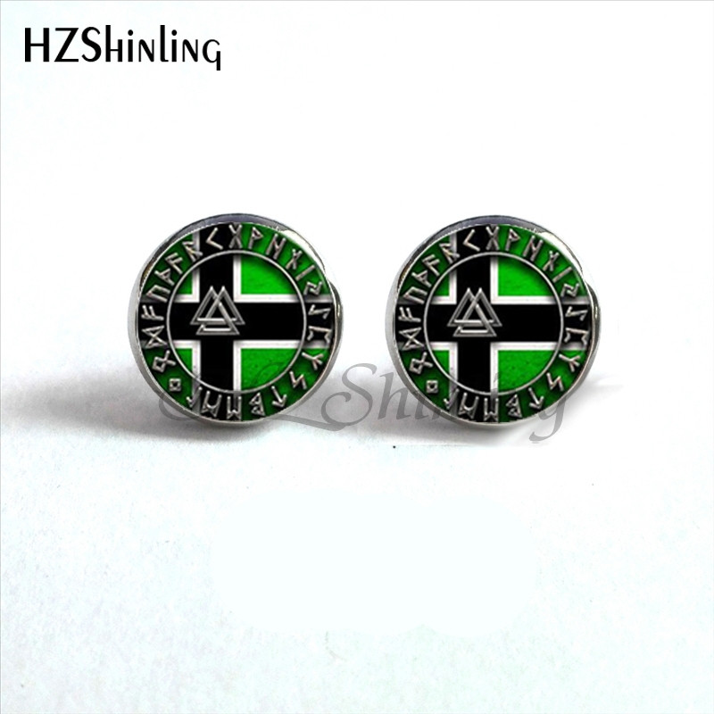 NES-004 Norse Viking Ear Stud Cross Rune Circle Auskarai Kompasas Smeigtukai Auskarai Papuošalai Stikliniai kabošono auskarai Post HZ4