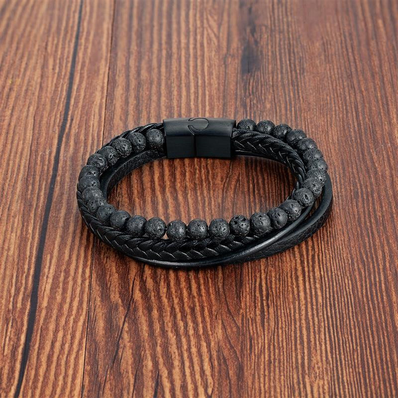 Dabīga vulkāna akmens pērlītēm rotātas rokassprādze vīriešiem Vintage šarms, nerūsējošā tērauda magnētiskā aizdare, rokassprādzes rotaslietas dāvana