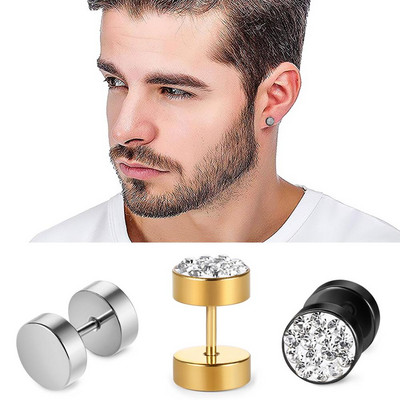 Мъжки обеци от неръждаема стомана, черни//сребърни обеци за момчета, чешки кристали, тапи за уши, бижута за пиърсинг