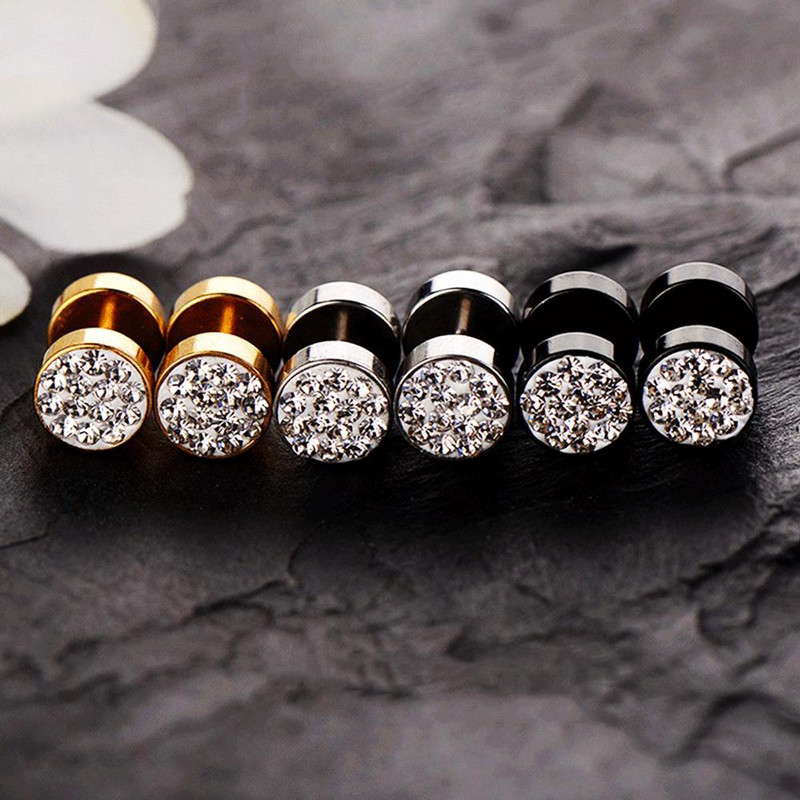 Rozsdamentes acél férfi fülbevaló fekete//ezüst színű fülbevaló fiúknak cseh kristály füldugó füldugó piercing ékszer