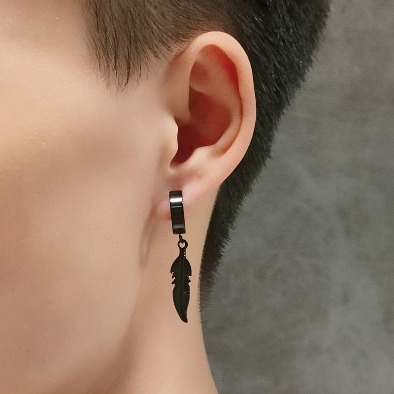 1 vnt. 316L nerūdijančio plieno žiediniai auskarai vyrams, moteriški, juodi plunksniniai auskarai geometrijos pakabinami auskarai vyriškų papuošalų vakarėliui