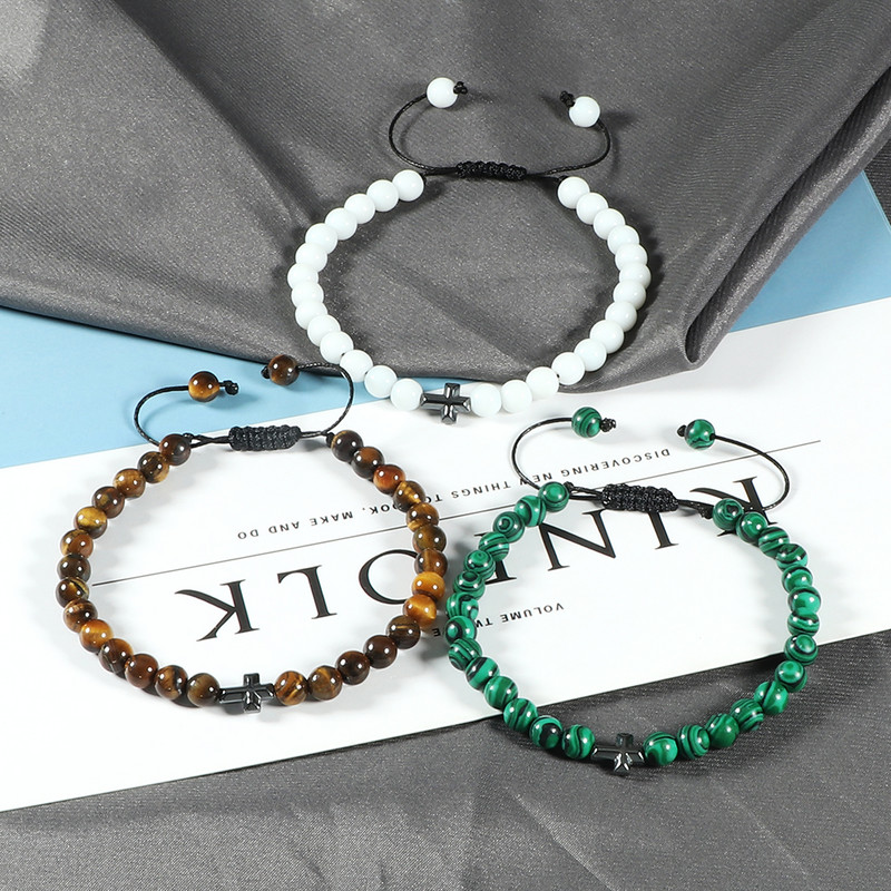 6 mm juodos spalvos apyrankės su karoliukais, hematito kryžius, vyrų tigro akis, natūralus akmuo, rankų darbo apyrankės, energetinės apyrankės, papuošalai