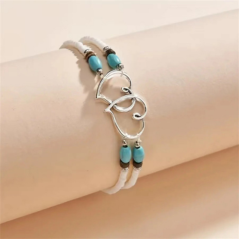 KMVEXO Bohemian Dviejų sluoksnių ryžių karoliukais papuoštos kulkšnys moterims Širdies reguliuojamos meilės kulkšnių apyrankės ant kojų paplūdimio paplūdimio papuošalai