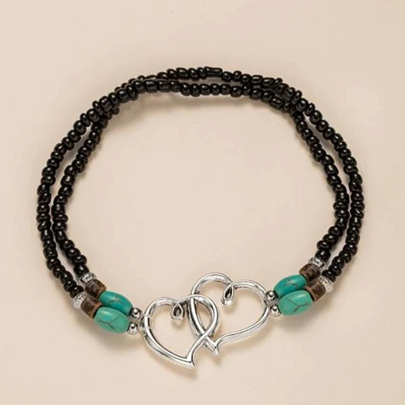 KMVEXO Bohemian Dviejų sluoksnių ryžių karoliukais papuoštos kulkšnys moterims Širdies reguliuojamos meilės kulkšnių apyrankės ant kojų paplūdimio paplūdimio papuošalai