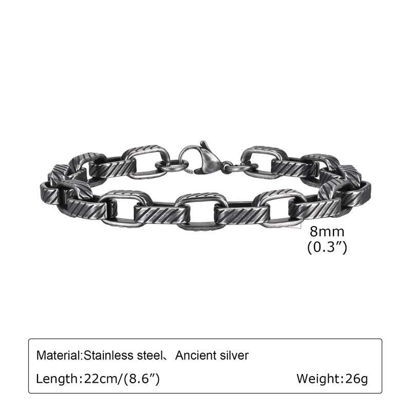 Vnox Heavy Bold Hip Hopi roostevabast terasest ristkülikukujuline ketiga käevõru meestele, Chunky Link käevõru, vanaaegsed retroehted