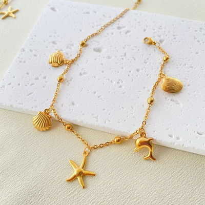 Nauja nerūdijančio plieno jungties kabelio grandinėlė anklet Auksinės spalvos jūrinis gyvūnas delfinas. Žvaigždė moterims paplūdimys 21 cm (8 2/8") ilgis, 1 vnt.