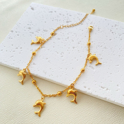 Nauja nerūdijančio plieno jungties kabelio grandinėlė anklet Auksinės spalvos jūrinis gyvūnas delfinas. Žvaigždė moterims paplūdimys 21 cm (8 2/8") ilgis, 1 vnt.