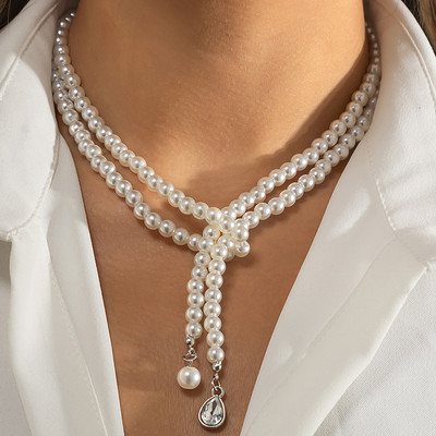 Тенденция Елегантни бижута Сватбена Голяма перлена кристална висулка Колие за жени Модна бяла имитация на перли Колье Колие N0379
