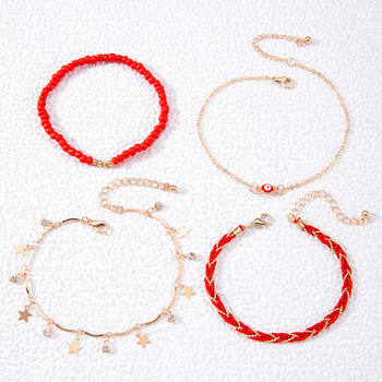 Tocona Bohemia Red Eye Glezen Set for Women Girl Star Pendants Red beads String Charms Multilayer Foot Chain Jewelry 25069