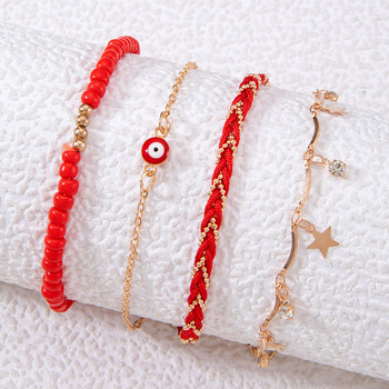 Tocona Bohemia Red Eye Glezen Set for Women Girl Star Pendants Red beads String Charms Multilayer Foot Chain Jewelry 25069