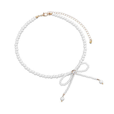 Senovinis baltas imituotas perlų lanko pakabukas kaklo papuošalas moterims Elegantiškas lankas su karoliukais grandinėle Choker estetinė papuošalo dovana