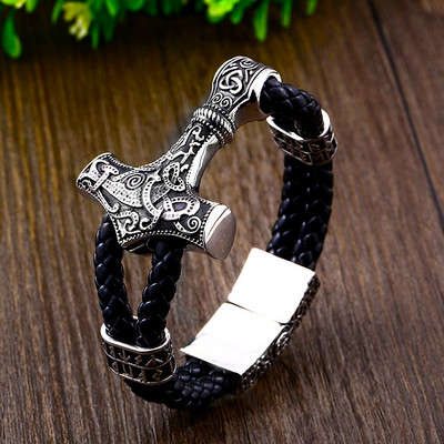 Мъжки ретро двоен кожен шнур Viking Thor`s Hammer гривна от неръждаема стомана Biker Viking Rune гривна Модни мъжки бижута