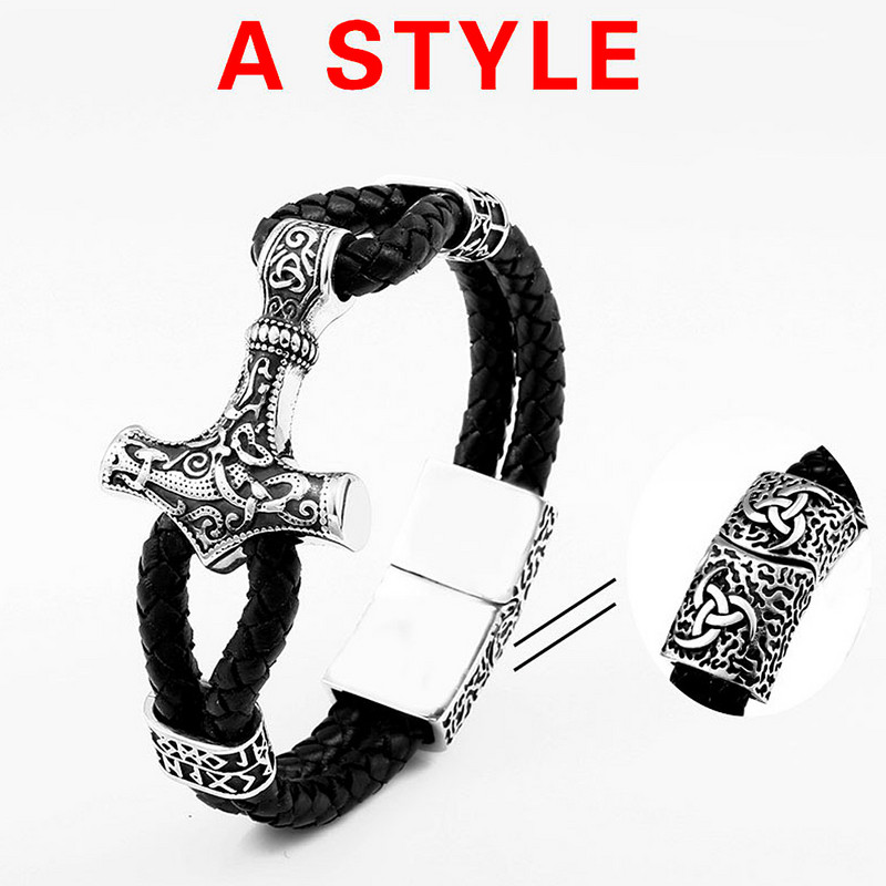 Meeste vintage topelt nahast nöör Viking Thori haamriga käevõru roostevabast terasest jalgratturi Viking ruuni käevõru Moe meeste ehted