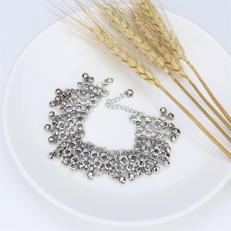 Vintažinės etninės sidabrinės spalvos kutų varpelio kulkšnies apyrankė moterims mergaitei paplūdimio pėdai apyrankė kulkšnys Indija papuošalai bohemiški aksesuarai