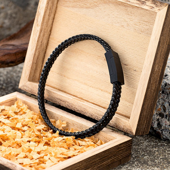 MKENDN Пънк Мъжка гривна с връзки от верига Черна катарама с магнит от неръждаема стомана Подаръци за бижута за гаджета с дървена кутия