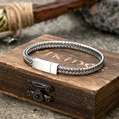 MKENDN Punk vīriešu ķēdes saites rokassprādze melna nerūsējošā tērauda magnēta sprādze puiša rotaslietas dāvanas ar koka kastīti