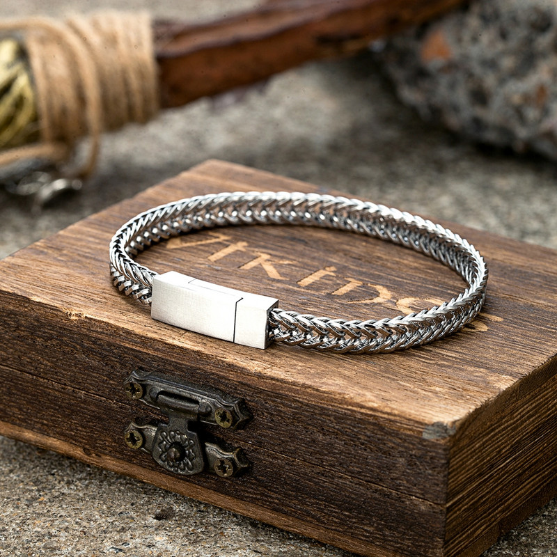 MKENDN Punk vīriešu ķēdes saites rokassprādze melna nerūsējošā tērauda magnēta sprādze puiša rotaslietas dāvanas ar koka kastīti