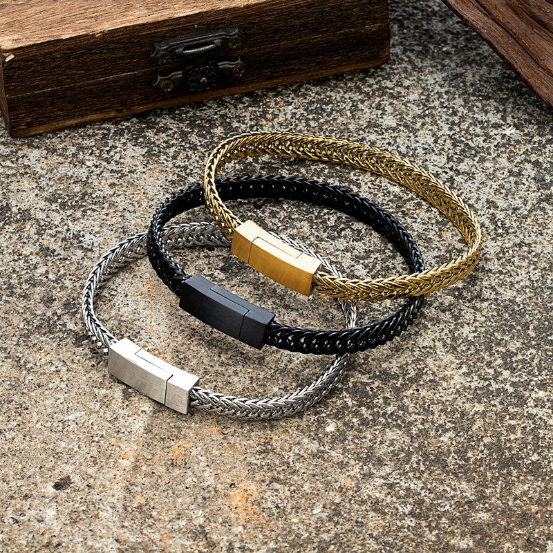 MKENDN Punk vīriešu ķēdes saites rokassprādze melna nerūsējošā tērauda magnēta sprādze puiša rotaslietas dāvanas ar koka kastīti