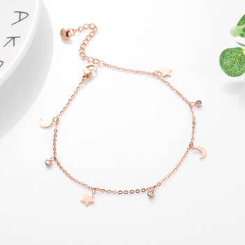 Ροζ χρυσό ποδιών 2023 για γυναίκες Star Moon CZ Stone Charm Anklet από ανοξείδωτο ατσάλι Holiday Foot Jewelry Ρυθμιζόμενο μήκος