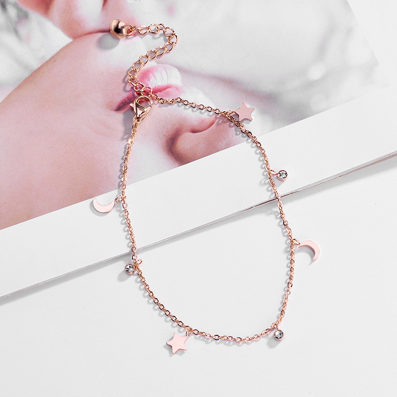 2023 m. rožinio aukso spalvos kulkšnies apyrankė moterims Star Moon CZ Stone Charm anklet nerūdijančio plieno šventiniai pėdų papuošalai, reguliuojamo ilgio